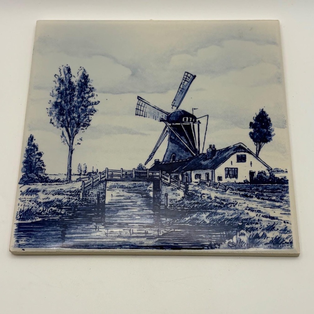 Vintage Delft Blue Hand Painted Holland Windmill Landscape Ceramic Tile 6x6